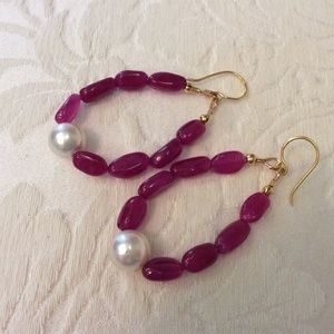Spinel and South Sea Pearl Earrings, Gold-fill